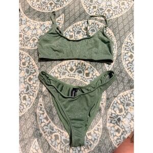 NOT AVAIL Triangl Green Sparkling Metallic Bikini Set Scoop Neck High Cut XL